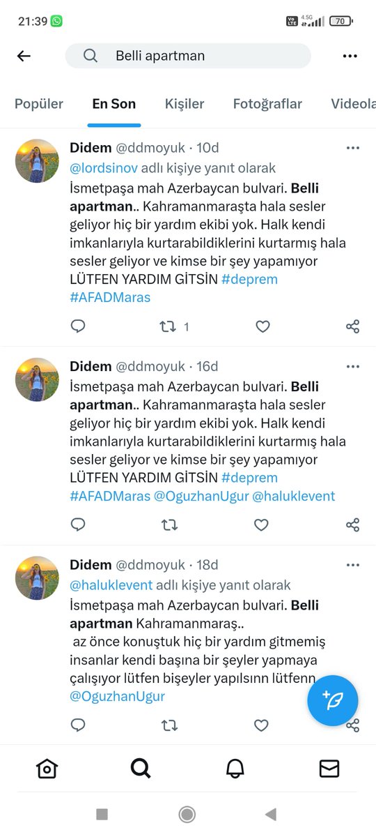 <a href="/ahbap/">Ahbap</a> <a href="/OguzhanUgur/">Oğuzhan Uğur</a> YAHU ŞU KAHRAMANMARAŞ'IN ORTASINA GİDECEK BİR TANECİK EKİP YOK MU? SESLER GELMEKTE, YARDIMCI OLUN LÜTFEN