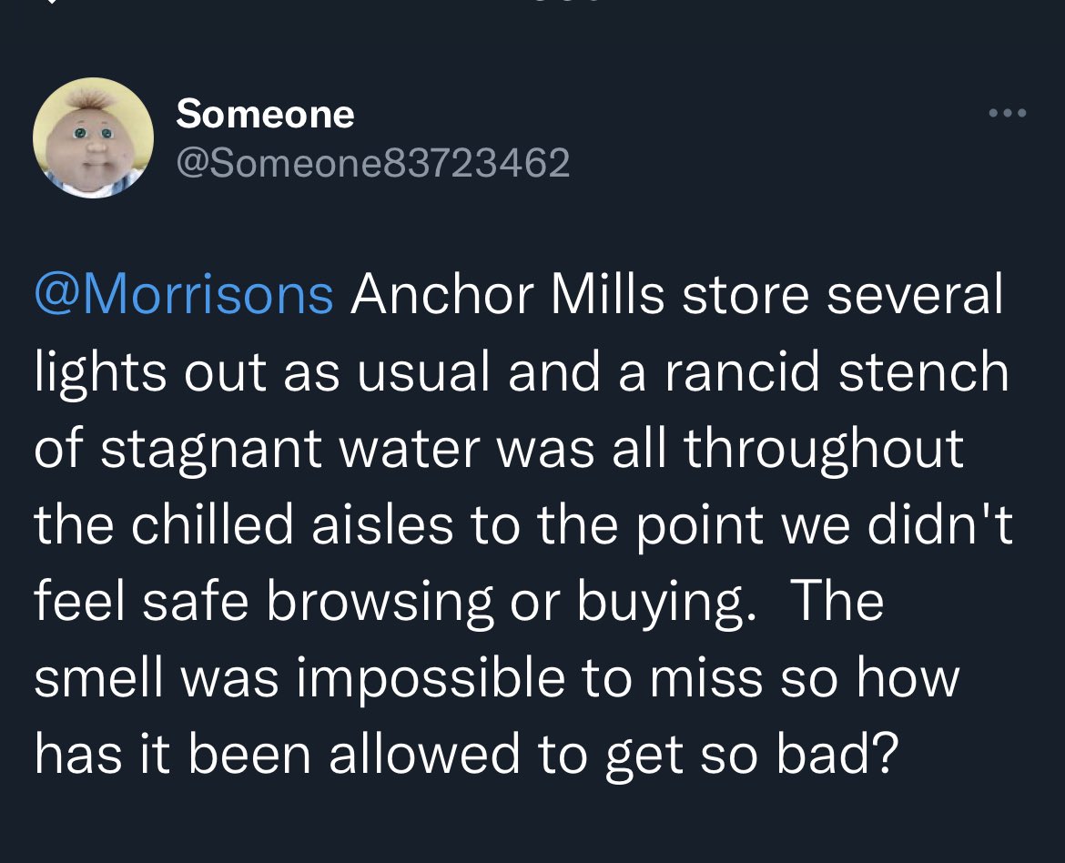 customercaring's tweet photo. Hi @Someone83723462. Unfortunately that smell isn’t stagnant water. An elderly customer gambled on a fart by the frozen peas and lost. Not a good day for us or for poor Clifford https://t.co/7D8rp6Oeho
