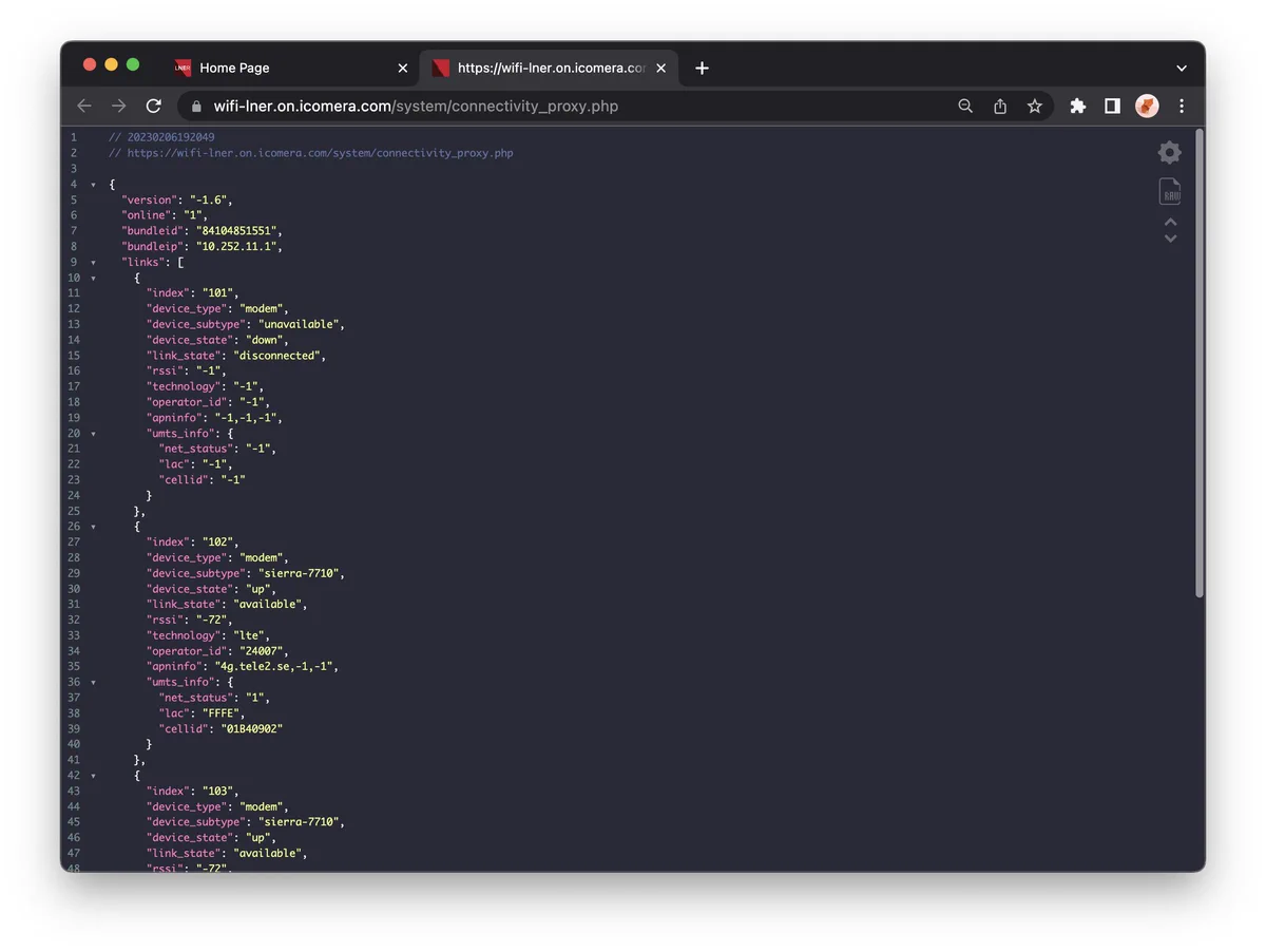 A JSON document, listing firmware versions and a list of modems