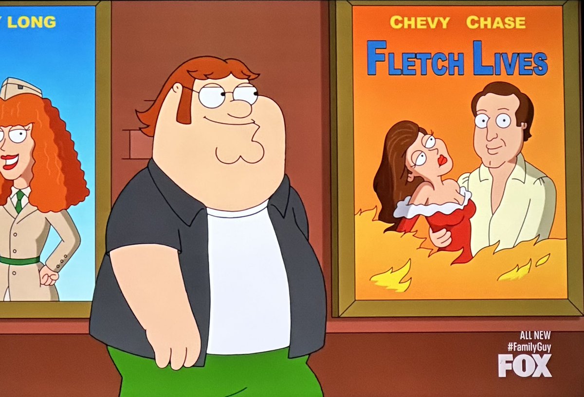 IMFletchcast's tweet photo. FLETCH POP CULTURE: Fletch Lives was both mentioned and shown (poster) in the “Love Story Guy” episode of Family Guy that aired on January 8th 2023. Peter mentions that 1989 was the golden age of cinema. #fletch #familyguy #fletchlives #fletchpopculture #imfletchcast #fletchcast https://t.co/ukD7FN1c1B