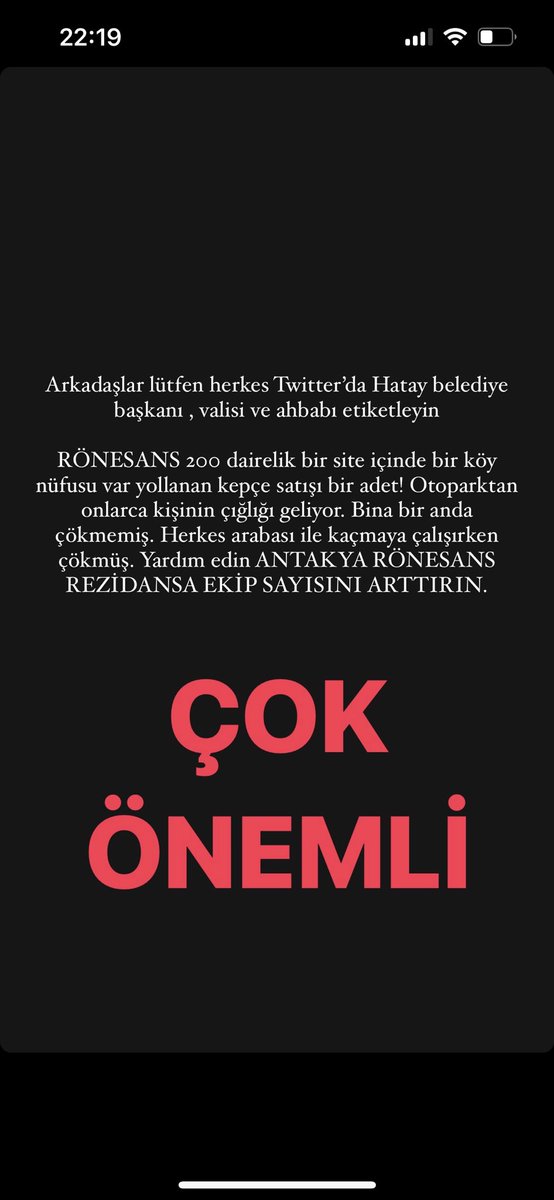 #hatay #rönesansrezidans lütfen daha fazla yardım orada bir köy nüfusu kadar insan var bir kepçe yetmiyor kepçe çok geç geldi ve zaman aleyhimize işliyor yalvarıyorum <a href="/haluklevent/">Haluk Levent ( Ahbap Ekibi )</a>  yardım et ekip satışı artsın. 3 blok bitişik bir site.