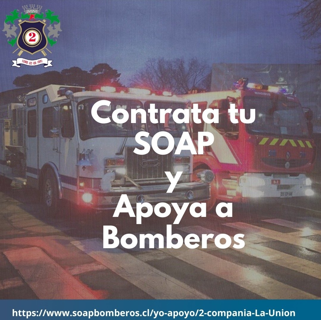 SegundaLaUnion's tweet photo. 🚨🚒COMPRA TU SOAP 2023 Y APOYA A BOMBEROS🚨🚒

En el siguiente enlace podrás comprar tu SOAP 2023 y apoyar desde $1000 a nuestra compañía 
https://t.co/OsoCbvU2ti #BomberosdeChile https://t.co/xmdtSRsgdF