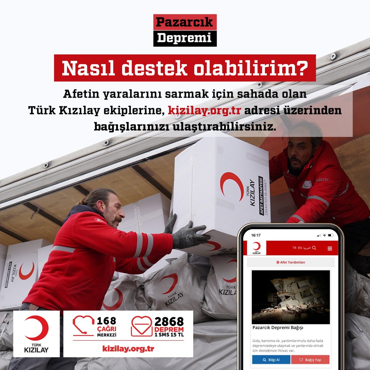 Kizilay's tweet photo. Meydana gelen deprem sonrası afetin yaralarını sarmak için sahada olan ekiplerimize https://t.co/HBoi7AliaZ üzerinden bağışlarınızı ulaştırabilir, yürüttüğümüz çalışmalar için hızlı ve aktif destekte bulunabilirsiniz. 🌐 #SensizOlmaz https://t.co/Z9uDYMvwat