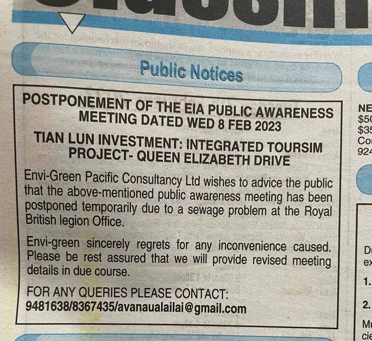 tarachetty's tweet photo. PUBLIC CONSULTATION POSTPONED: A common tactic when this much public opposition momentum is building. But we won't let this one drop, too much at stake for Suva. #CancelTianLunLease #SaveOurBay #SaveLaucalaBay https://t.co/tgNYNd39Sb