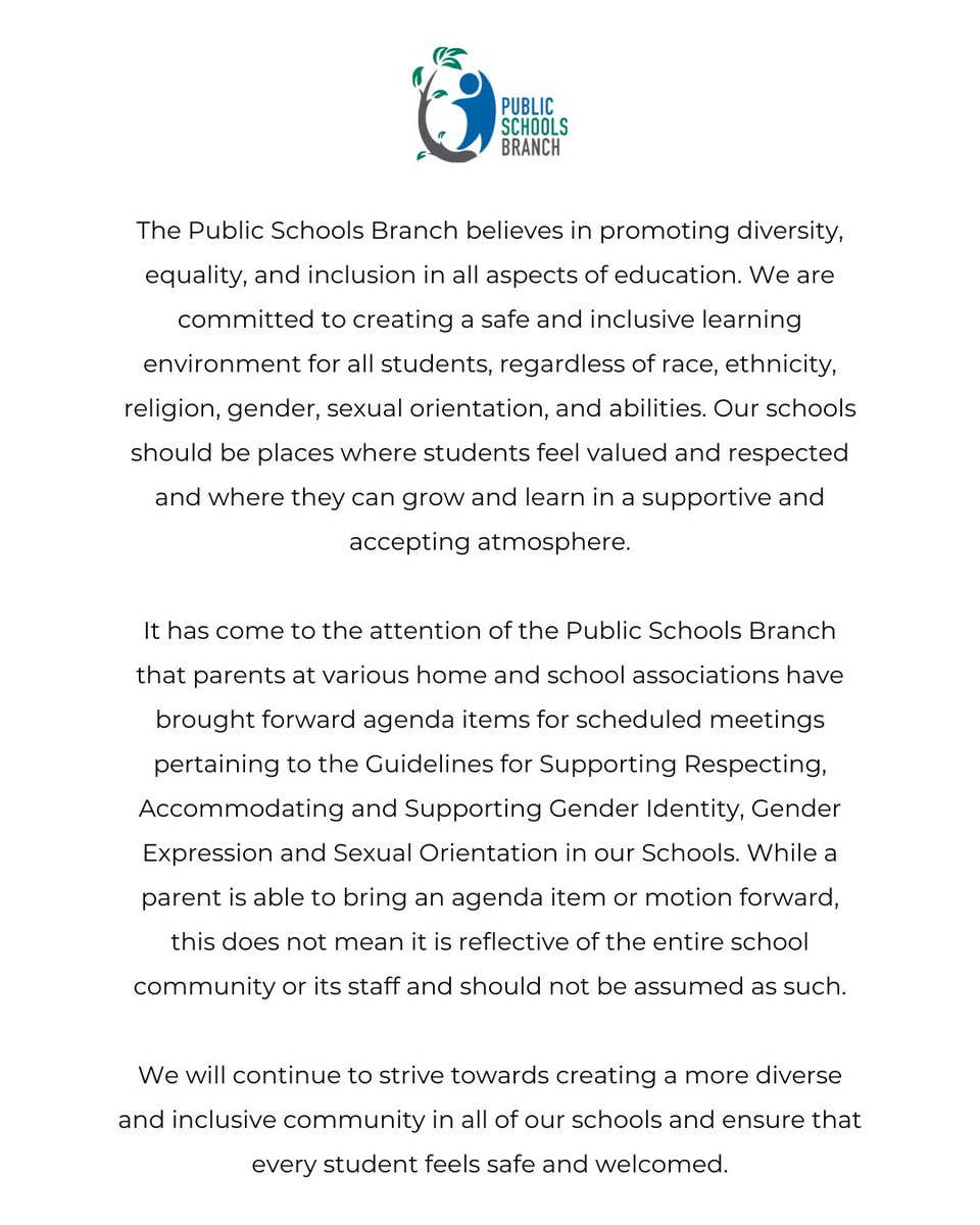 A statement on behalf of the Public Schools Branch.