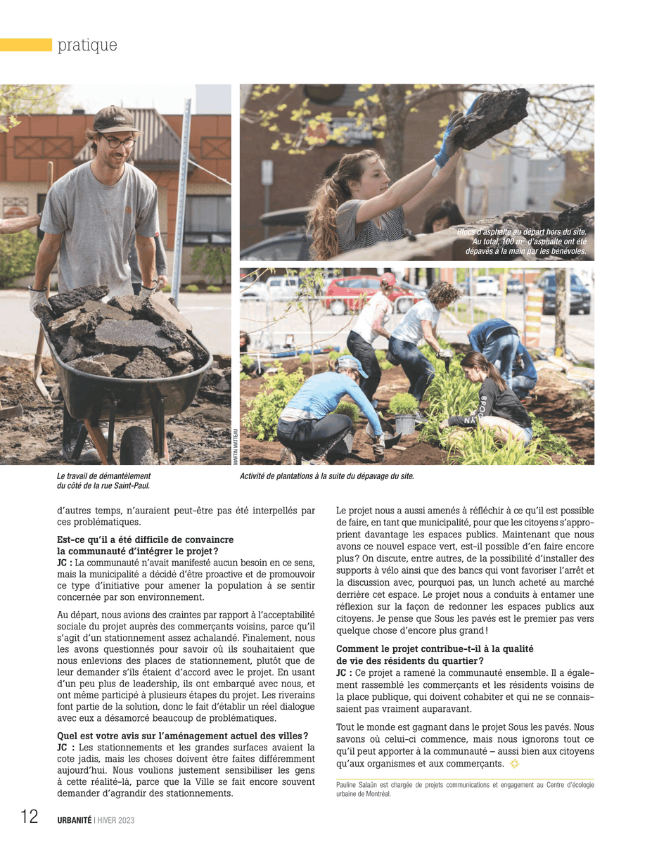 👀 Sous les pavés est à l'honneur dans la revue Urbanité de l'<a href="/ouq_qc/">Ordre des urbanistes du Québec</a>! 

L'article se penche notamment sur le volet municipal du projet, dont l'objectif est d'accompagner trois municipalités dans l'adaptation et l'implantation d'un programme Sous les pavés dans leur communauté.