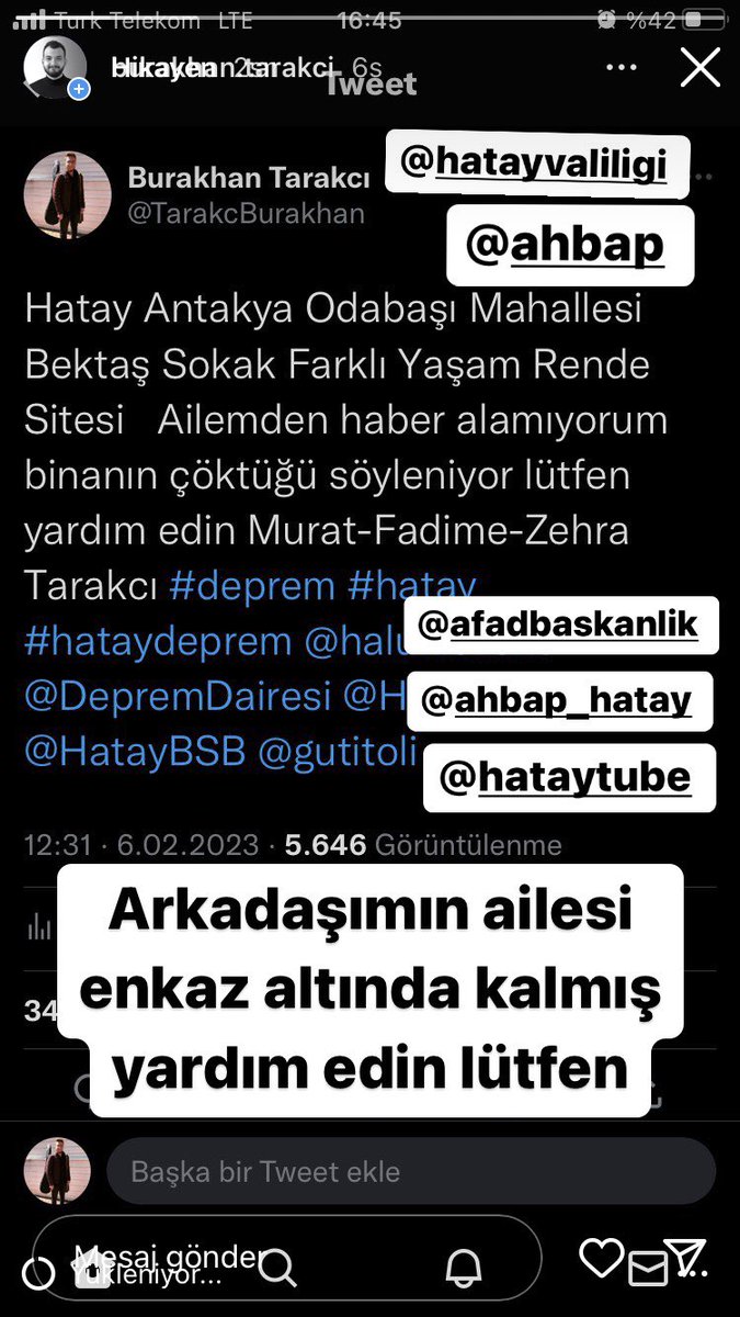 <a href="/HatayBSB/">Hatay Büyükşehir Belediyesi</a> <a href="/HatayValiligi/">T.C. Hatay Valiliği</a> <a href="/msikkofield/">Cemre Demirel</a> <a href="/jahreindota/">Jahrein</a> <a href="/msikkofield/">Cemre Demirel</a> <a href="/ahbap/">Ahbap</a> <a href="/sjw_erlik/">ERLIK</a> <a href="/hicetikdegill/">hic etik degil</a>