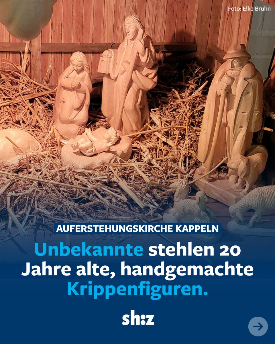shz_de's tweet photo. Die hölzernen #Krippenfiguren, die seit mehr als 20 Jahren das weihnachtliche Bild in der Auferstehungskirche in #Kappeln-Ellenberg prägen, sind weg. Unbekannte haben sie offenbar entwendet. 

Mehr unter https://t.co/x5vm8ucreL https://t.co/xCQ0wpC4A1