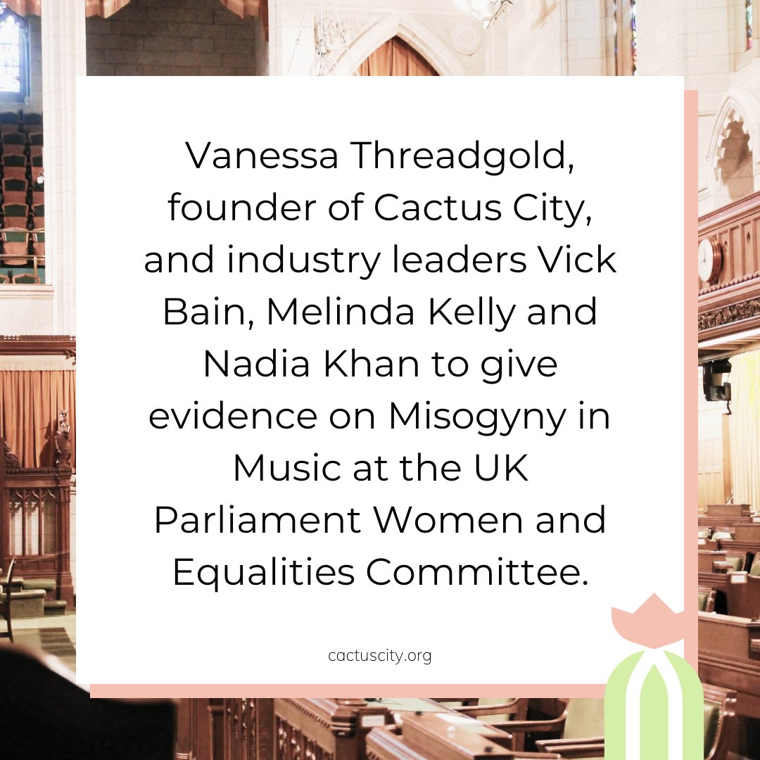 Join Vanessa Threadgold, the founder the <a href="/cactuscityuk/">cactus city</a>, <a href="/vickbain/">Vick Bain</a> of <a href="/theflistmusic/">The F-List for Music</a> , <a href="/NadiaCTRL/">Nadia Khan</a>  of <a href="/womeninctrl/">Women in CTRL</a> and Melinda Kelly of @safegigs4women in the next evidence session for the Misogyny in Music inquiry on Wednesday 8th Feb 2023. 
Find out more
committees.parliament.uk/event/17139/fo…