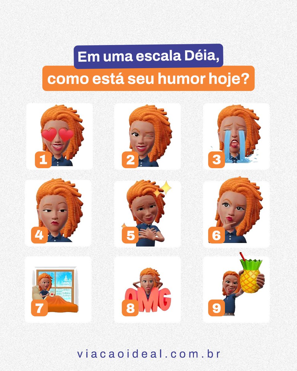 viacaoideal's tweet photo. Conta pra gente nos comentários como está o seu humor hoje, de acordo com a escala da Déia! 🤩👩‍🦰

Vale comentar mais de um número, hein! 😃

#transportepublico #vaideonibus #vaideideal #ilhadogovernador #riodejaneiro #vaideonibus #vaideideal https://t.co/HRBYV0jwXp