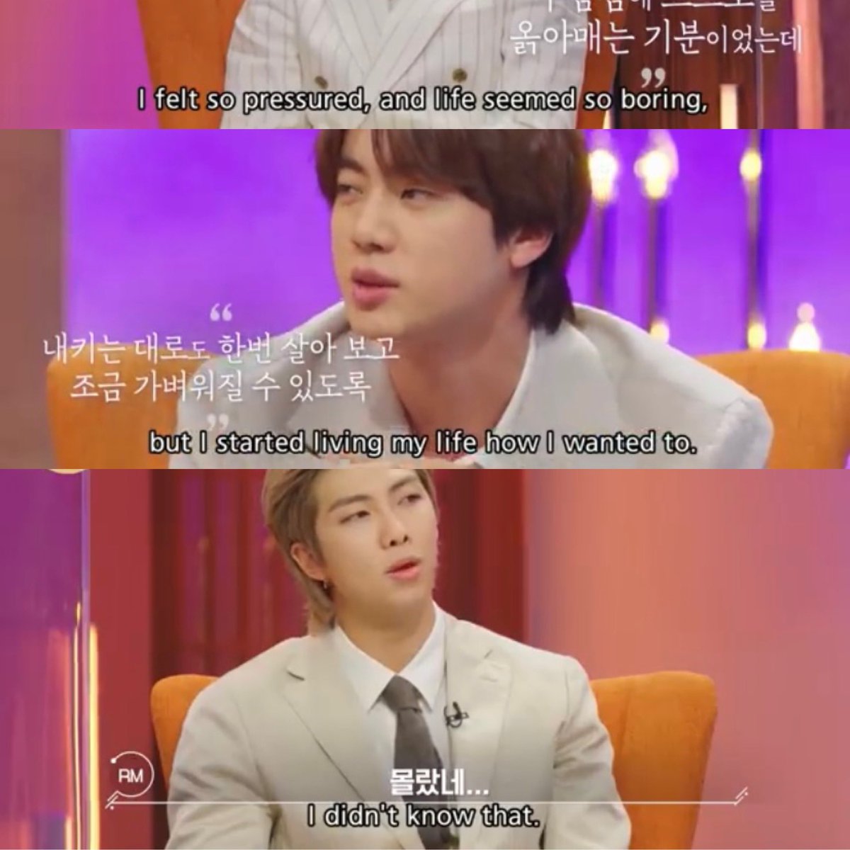 This moment right here.
A vulnerable side to Jin that we rarely get to see. RM’s “I didn’t know that” shook me to my core.

Jin always said that FIRE was his favourite era, because it was when he was able to be himself — but THIS. 🥺💜 #LetsBTS #BTSJIN #FIRE