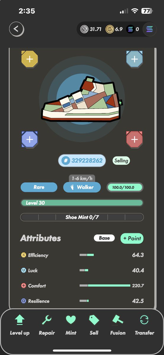 1Chocolate4U's tweet photo. Selling my Rare Walker for a reasonable price considering the ๐ช๐ผbase stats, Rainbow Slots and what else is listed on the market right now. 2222 GMT is a steal for this lvl 30 Rare Walker. Go get it #STEPN #STEPNWorkout family ๐ https://t.co/DxAVKOVVDf