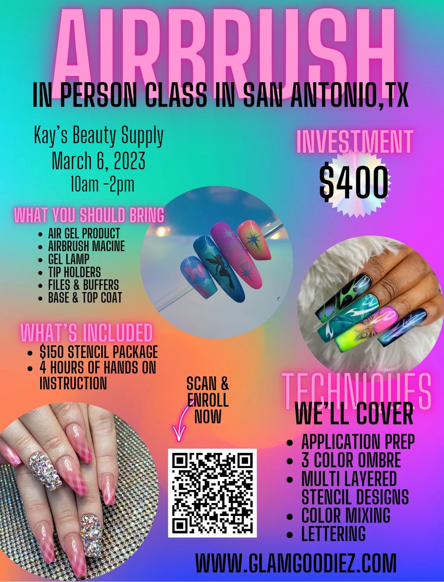 This isn't your average airbrush class!!!
San Antonio, TX I'll be teaching a 4 hour airbrush class covering everything from prep,to application. To detailed designs that help you build clientele! glamgoodiez.com
#sanantonionails #austinnails #houstonnails #dallasnails