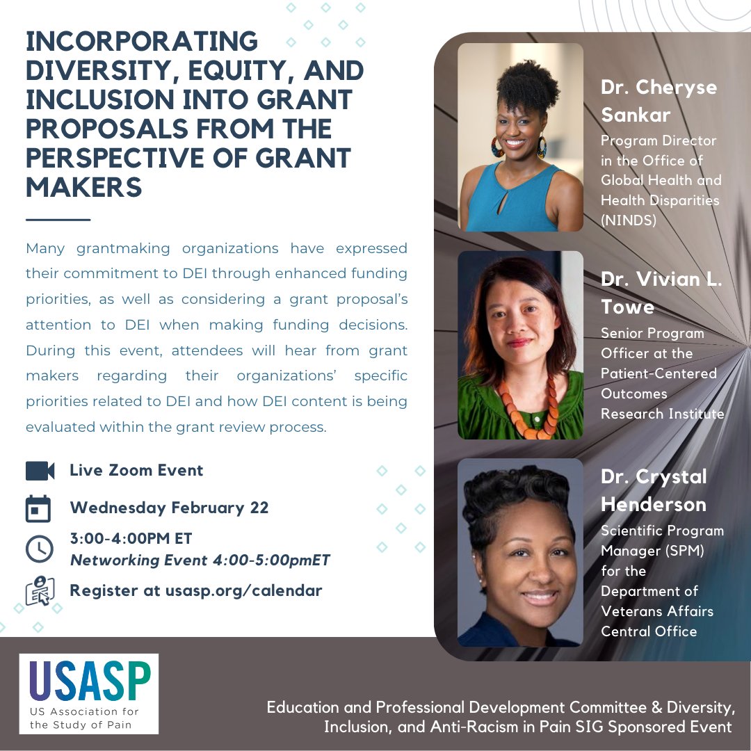 USASP Diversity, Inclusion, Antiracism in Pain SIG (@usasp_dia_sig) on Twitter photo 📢Join us 2/22 at 3p ET to learn about incorporating DEI into grant proposals!
Register at usasp.org/calendar
#DEI #Pain #DEIresearch #painresearch #NIH #PCORI <a href="/PCORI/">The Patient-Centered Outcomes Research Institute</a> @NINDSDiversity <a href="/NINDSfunding/">NINDSfunding</a> <a href="/vahsrd/">VA HSR</a> 📢Join us 2/22 at 3p ET to learn about incorporating DEI into grant proposals!
Register at usasp.org/calendar
#DEI #Pain #DEIresearch #painresearch #NIH #PCORI <a href="/PCORI/">The Patient-Centered Outcomes Research Institute</a> @NINDSDiversity <a href="/NINDSfunding/">NINDSfunding</a> <a href="/vahsrd/">VA HSR</a>