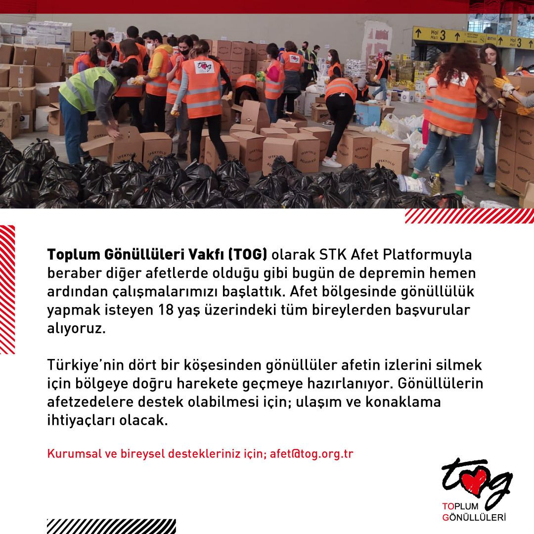 Afet sonrası ilk 72 saat AFAD’ın hayat kurtarma çalışmaları devam ettiği için çok kritik. TOG bu süreçte; gönüllü koordinasyonu ve ihtiyaç tespiti çalışmalarını gerçekleştiriyor. 

Kurumsal ve bireysel destekleriniz için; afet@tog.org.tr