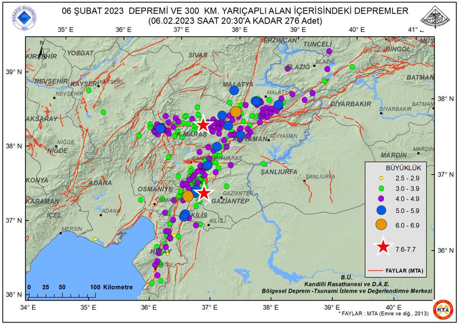 After the earthquakes on February 6, at 04:17 (M7,7) and then at 13:24 (M7,6), a total of 276 aftershocks occurred in the region until 20:30.  - <a href="/Kandilli_info/">Kandilli Rasathanesi</a>