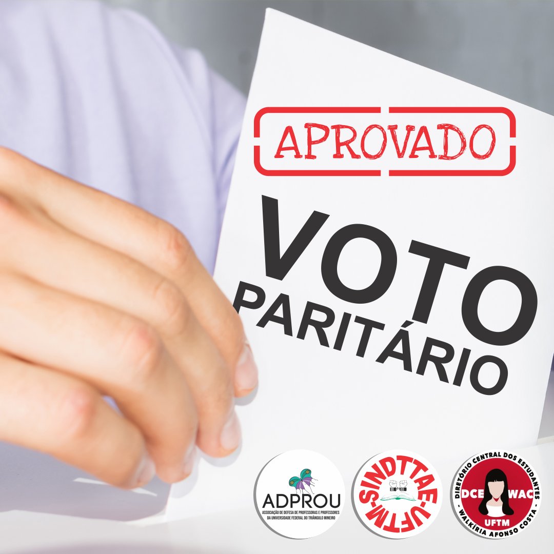 SINDTTAEUFTM's tweet photo. VITÓRIA DA DEMOCRACIA
Por 42 VOTOS FAVORÁVEIS e 12 Contra , teremos uma consulta informal para a Reitoria da UFTM 2023 - 2027 nos 3 segmentos da UFTM (professores, técnicos administrativos e alunos) com VOTO PARITÁRIO! https://t.co/YGYp6JuuPn