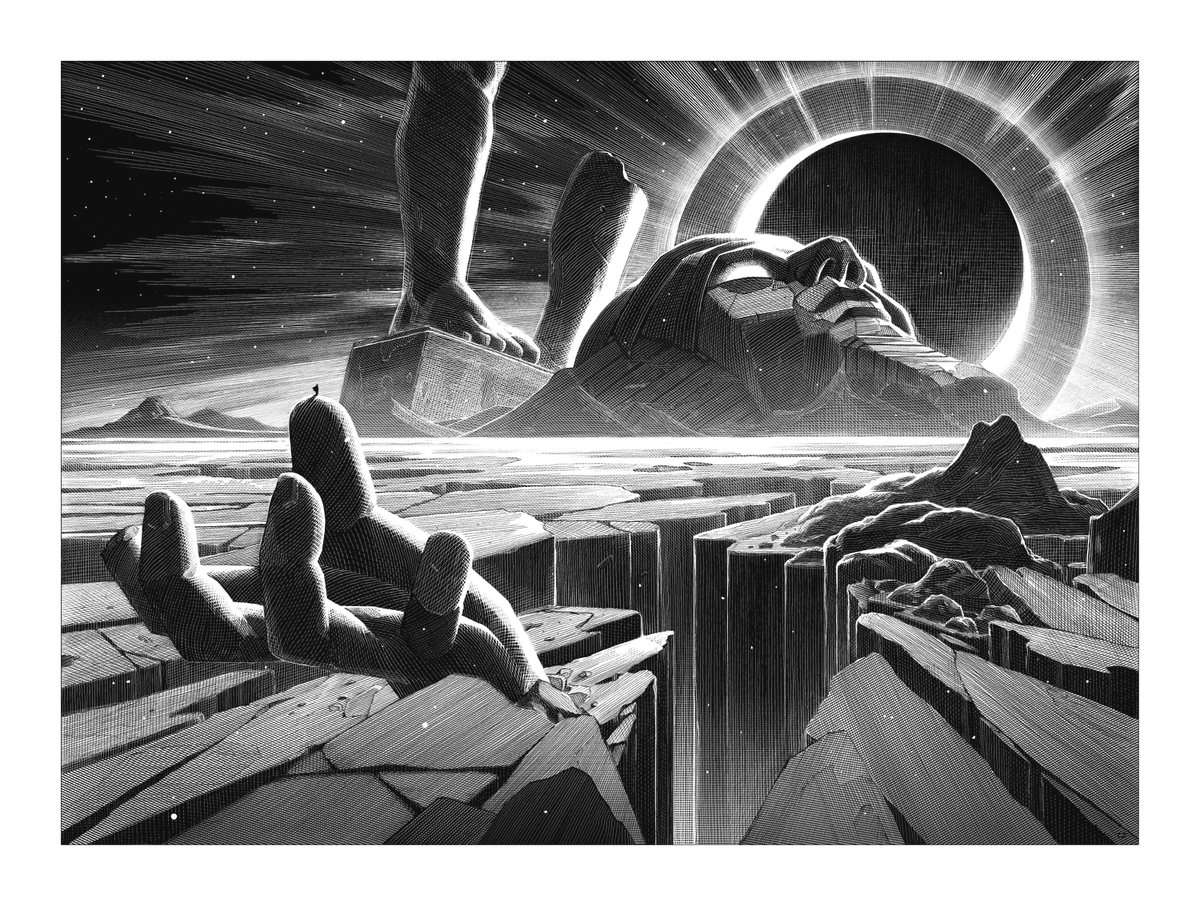 'Ozymandias' 

new screenprint! 
this one is 16x22" on 18x24" Peregrina Majestic marble white paper, limited edition of 75 
a variant and a timed edition will also be available!

on sale this wednesday 5pm uk via @BLCKDRGNPRSS 
more info in reply ⬇️ 