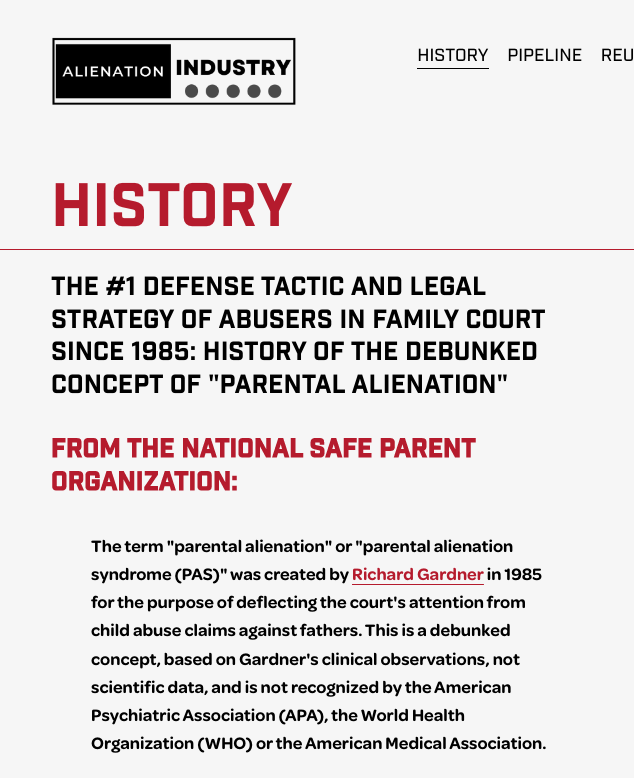 safe_parents's tweet photo. The term "parental alienation" or "parental alienation syndrome (PAS)" was created by Richard Gardner in 1985 for the purpose of deflecting the court's attention from child abuse claims against fathers. 

https://t.co/LUEtBIBMvS https://t.co/gLfMyUb8GA