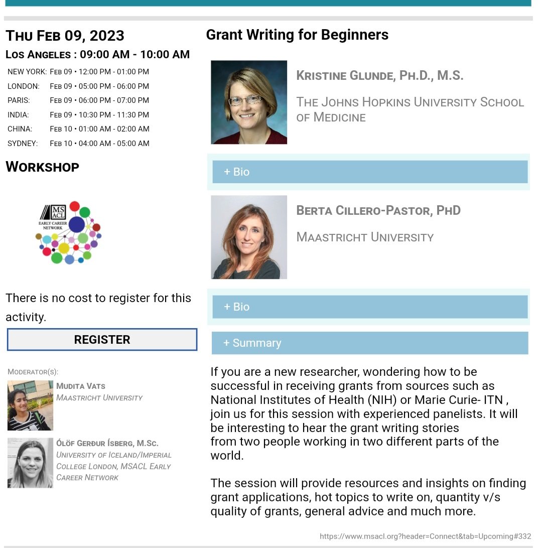 On February 9, 2023, @MSACL (@MSACL_ECN ) will host @KristineGlunde and @Cillero_Lab for a workshop on Grant writing for beginners
Register: msacl.org/?header=Connec…