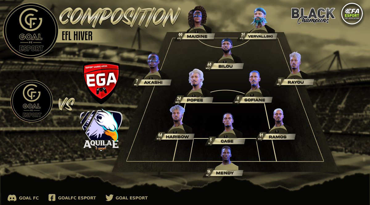 ✦ 𝗝𝗼𝘂𝗿 𝗱𝗲 𝗠𝗮𝘁𝗰𝗵

❄️】𝗘𝗙𝗟 𝗛𝗶𝘃𝗲𝗿 
🏆 <a href="/eSportFA_FR/">ESPORT FOR ASSOCIATIONS</a> 

⌚️𝟮𝟮𝗛𝟬𝟬
🆚】➣ <a href="/EGA_eFoot_/">🎮🎮</a> 
⌚️𝟮𝟮𝗛𝟮𝟬
🆚】➣ @Aquilae_CP 

𝗘𝗻 𝗹𝗶𝘃𝗲 𝗮̀ 𝗽𝗮𝗿𝘁𝗶𝗿 𝗱𝗲 𝟮𝟮𝗛
🖥️】➣ twitch.tv/goalfc_esport

#Goalisinway⚜️