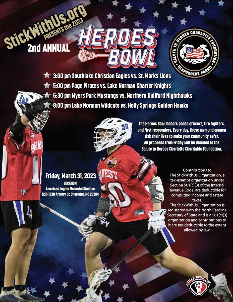StickWithUs Lacrosse (@stickwithuso) on Twitter photo Biggest lacrosse weekend in the Carolinas starts with the 2nd HEROES BOWL to benefit <a href="/salute_heroes/">Salute to Heroes Charlotte</a>
3/31/23
Southlake Christian vs. St. Marks
Page vs. Lake Norman Charter
Myers Park vs. Northern Guilford
Lake Norman vs. Holly Springs <a href="/StickwithusO/">StickWithUs Lacrosse</a> Biggest lacrosse weekend in the Carolinas starts with the 2nd HEROES BOWL to benefit <a href="/salute_heroes/">Salute to Heroes Charlotte</a>
3/31/23
Southlake Christian vs. St. Marks
Page vs. Lake Norman Charter
Myers Park vs. Northern Guilford
Lake Norman vs. Holly Springs <a href="/StickwithusO/">StickWithUs Lacrosse</a>