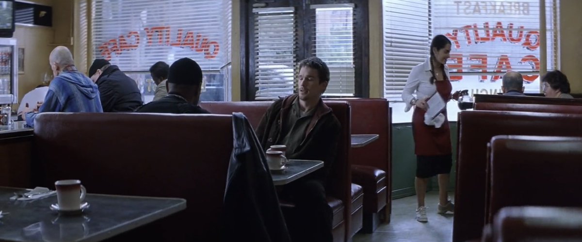 Film_lust's tweet photo. I rewatched Training Day for the first time in a while & i noticed that Denzel & Ethan are sitting in the booth behind where Morgan & Gwyneth sat in Se7en. #QualityCafe https://t.co/LMEKnmhNy2