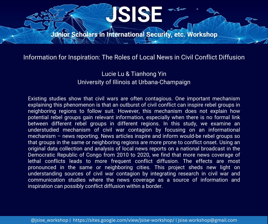 Join us for our next session tomorrow, February 7, 12-1pm ET, where <a href="/LucieLu_az/">Lucie Lu</a> and Tianhong Yin of <a href="/IllinoisPolSci/">UI Political Science</a> will present their work on civil conflict diffusion.

DM us for the Zoom link or visit our website to join the mailing list. We look forward to seeing you!