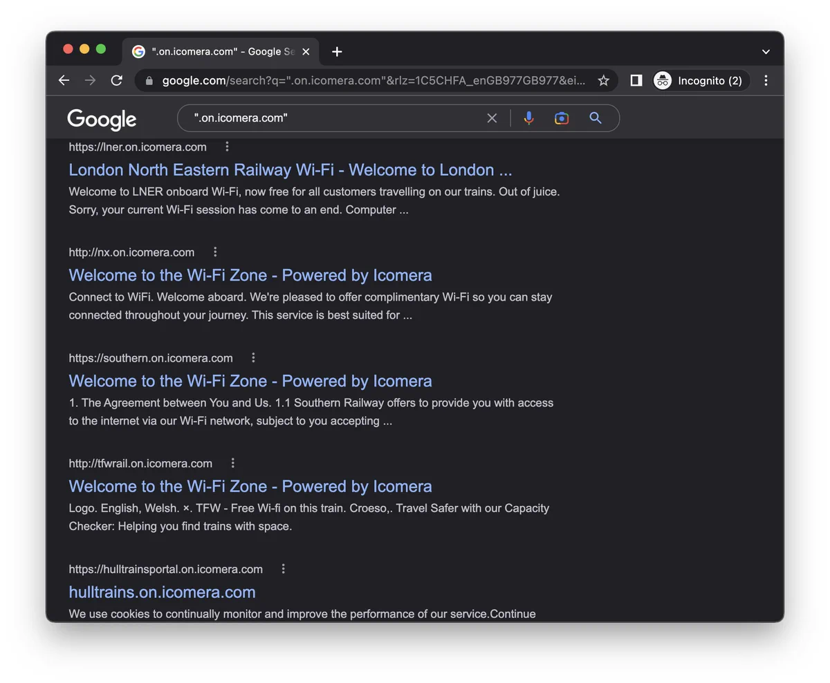 Search results for on.icomera.com, listing different train providers