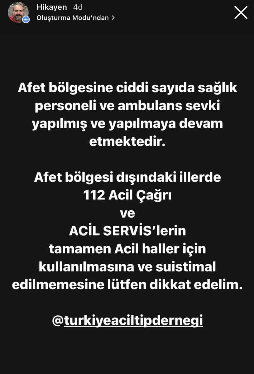 Ulusal bütün kaynaklarımızı afet bölgesine yönlendiriyoruz. 
Lütfen 112 acil sağlık ve Acil Servis hizmetlerini suistimal etmeyelim. 
Ambulans hizmetini acil hastalarımıza ayıralım. 
Sevk edilecek afetzedeleri düşünerek acil olmayan haller için acil servisleri kullanmayalım.