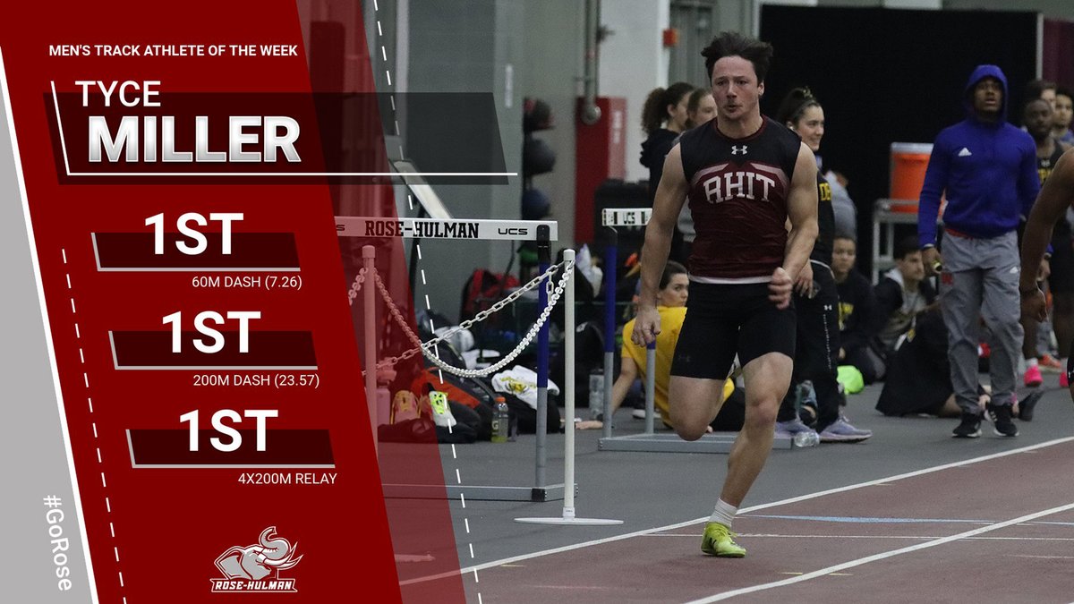 rhitsports's tweet photo. MEN'S TRACK: Tyce Miller has been named the HCAC Player of the Week after a three-win performance over the weekend. Miller won the 60m dash, the 200m dash, and the 4x200m relay on Friday night to lead Rose-Hulman to a win. #GoRose https://t.co/zqoOssv5Qh