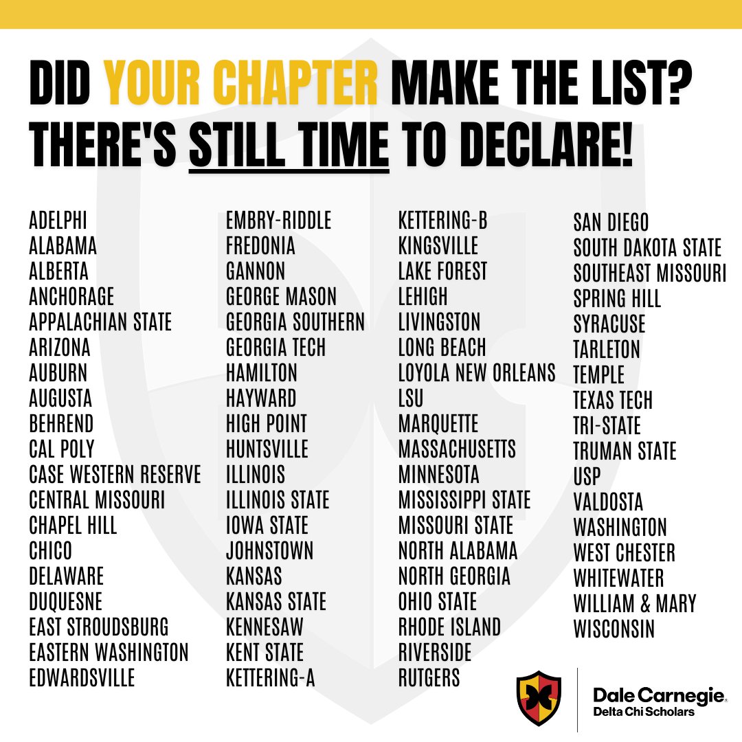 Delta Chi Chapters: It's the LAST day to declare your Dale Carnegie Scholar! Every chapter must submit their scholar by 11:59 pm ET today, February 6th. Declare your scholar by clicking here: deltachi.wufoo.com/forms/dale-car…

#DeltaChi #MenOfAction #DaleCarnegie