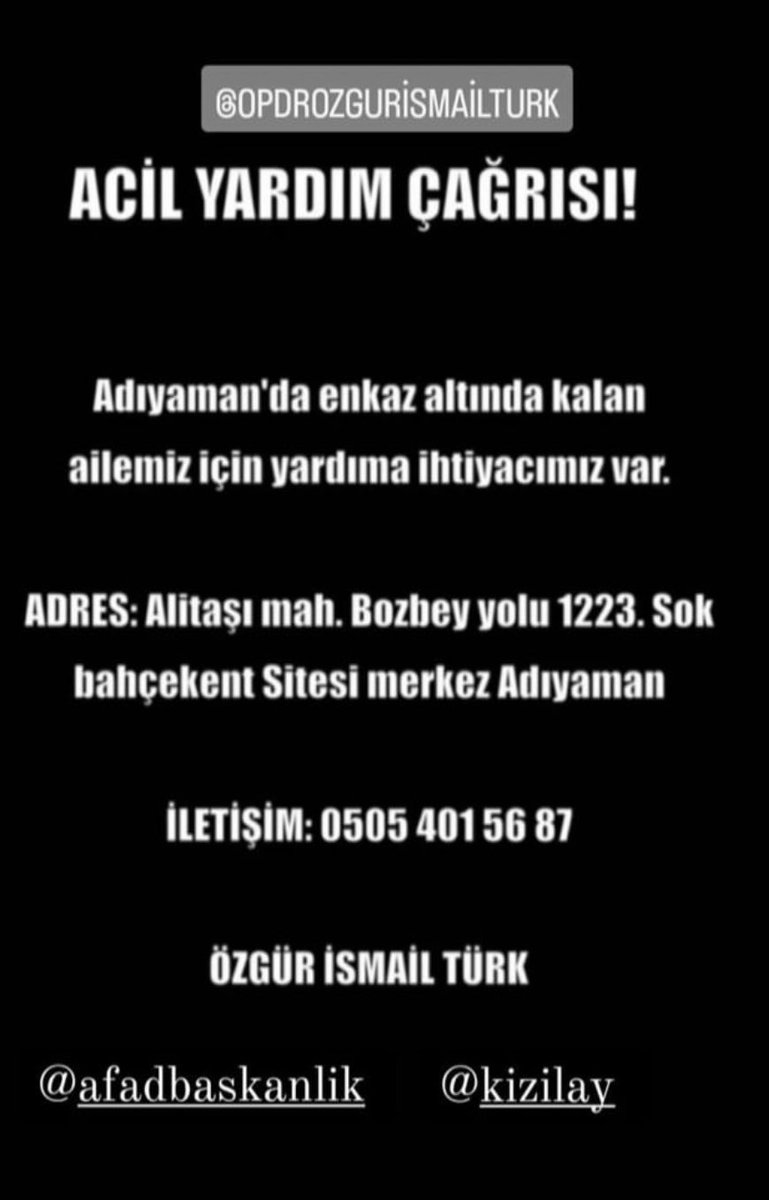 cetinkaya_damla's tweet photo. @TuhafAmaGercek Arkadaşımın anne ve babası yardım çağrısını görün iletin lütfen @AFADAdiyaman https://t.co/jYjJxTzRSD