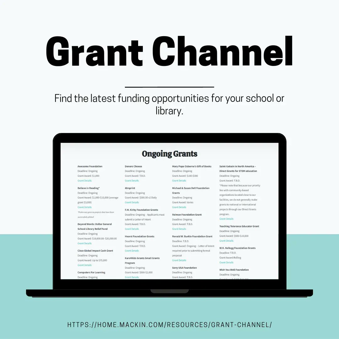 New #grants are continuously being added to our grant channel on mackin.com! This resource focuses on the latest funding opportunities for your #school or #library. Grants range from $100-$75,000! Be sure to apply before their deadlines.