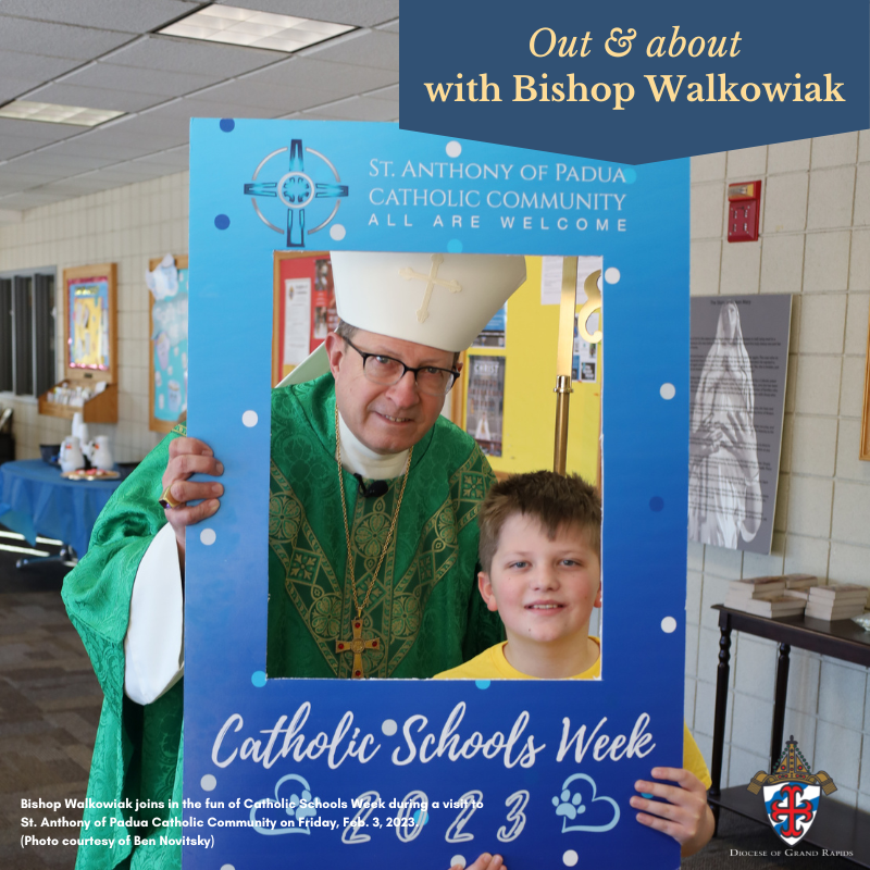 GRDiocese's tweet photo. Bishop Walkowiak joins in the fun of #CSW23 during a visit to St. Anthony of Padua Catholic Community on Feb. 3. What a wonderful week celebrating #Catholiceducation and our @dogrschools!
For schedule details >>>https://t.co/EpFPmKYVbW
#dogrcathed #lovemycatholicschool https://t.co/m9troVeprF