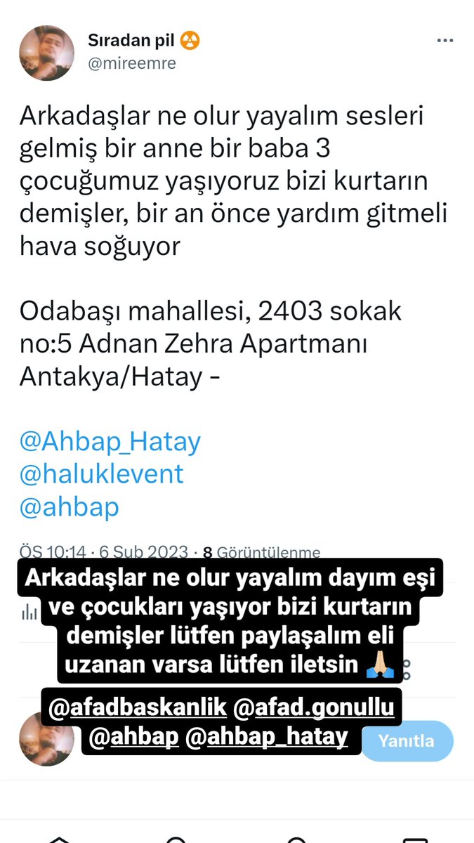 <a href="/haluklevent/">Haluk Levent ( Ahbap Ekibi )</a> Ne olur bize de yardım edin 🙏🏻 Esra Temel Hakan Temel ve 3 çocuğu göçük altında 18 saattir kurtarılmayı bekliyorlar sesleri geliyor.