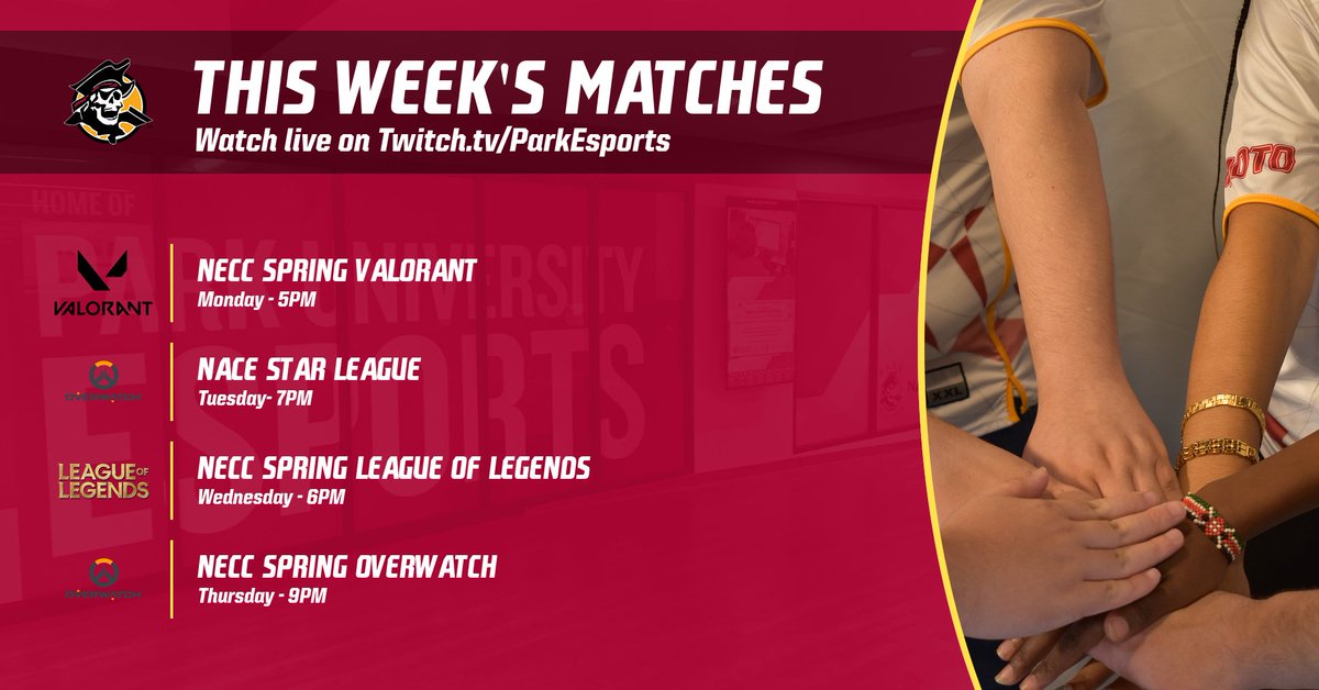 Check out this week's matches from Park Esports live. We've got Valorant, League of Legends, and Overwatch all competing in the NECC Spring Split! Including Overwatch JV's debut in the Nace Star League! Watch at Twitch.tv/ParkEsports or join our Discord discord.gg/rtV7GHn