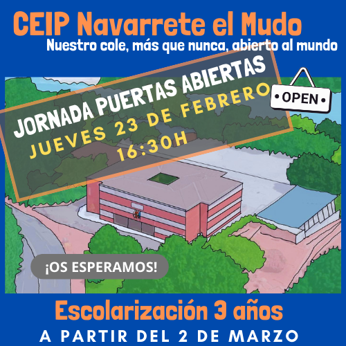 Si tu hijo o hija va a empezar el cole el curso que viene puedes venir a conocernos. Jornada de Puertas Abiertas, 23 de febrero a las 16:30h. Os esperamos.