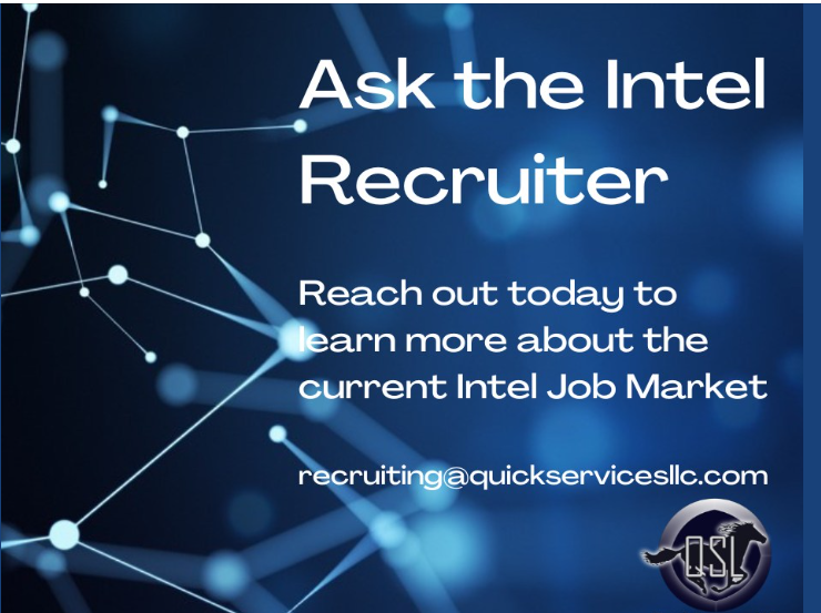 QSL638's tweet photo. Are you an Intelligence Professional? Are you curious about the current Intel Job Market? Let us help you connect the dots.
Email us at recruiting@quickservicesllc.com to connect with our Intelligence Recruiters to get the scoop on the market. https://t.co/mBRIGGB1ml