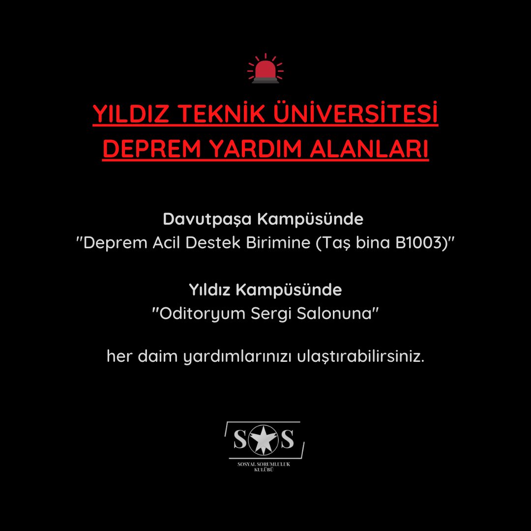 Değerli Yıldızlılar yardımlarınızı okulumuzun kampüslerinde belirtilen noktalara, 7 Şubat sabahına kadar ulaştırabilirsiniz.

Lütfen az çok demeden yardımlarınızı esirgemeyin, tüm Türkiye için büyük geçmiş olsun…🖤🙏🏻

<a href="/YildizEdu/">Yıldız Teknik Üniversitesi</a> 
<a href="/proftameryilmaz/">Tamer Yılmaz</a> 

#deprem #gecmisolsunturkiye