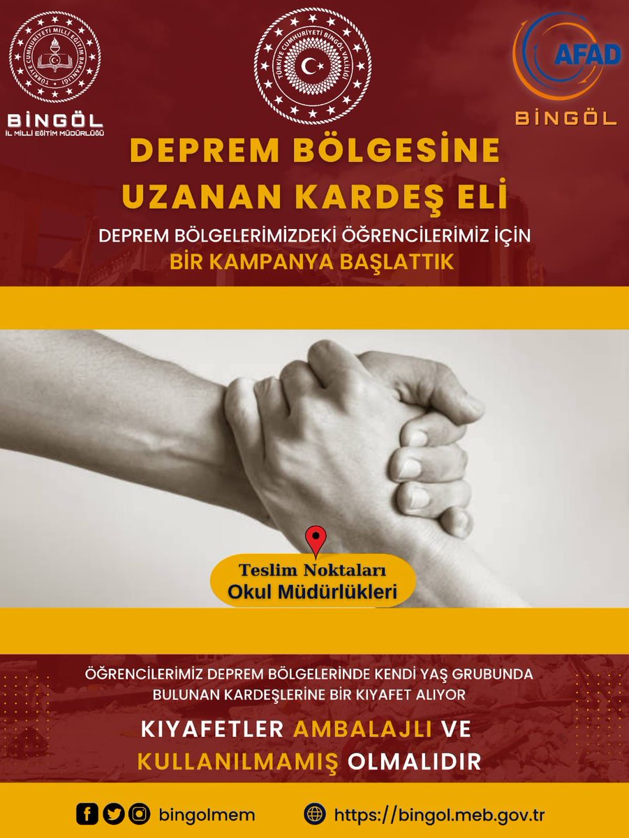 Deprem bölgesinde bulunan her öğrencimizin Bingöl’de bir kardeşi var. Bu kampanyamıza tüm öğrencilerimizin ve velilerimizin desteklerini bekliyoruz.
<a href="/bingolmem/">Bingöl MEM</a> <a href="/yayladerekym/">Yayladere Kaymakamlığı</a> <a href="/halilyucel6060/">Halil YÜCEL</a> <a href="/halukcakan12/">HALUK ÇAKAN</a> <a href="/yusuf_tokus/">Yusuf TOKUŞ</a> <a href="/YayladereC/">Yayladere ÇPAL</a> <a href="/Yayladere_I_O_O/">Yayladere İlkokulu ve Ortaokulu</a> <a href="/YayladereHEM/">Yayladere Halk Eğitimi Merkezi</a>