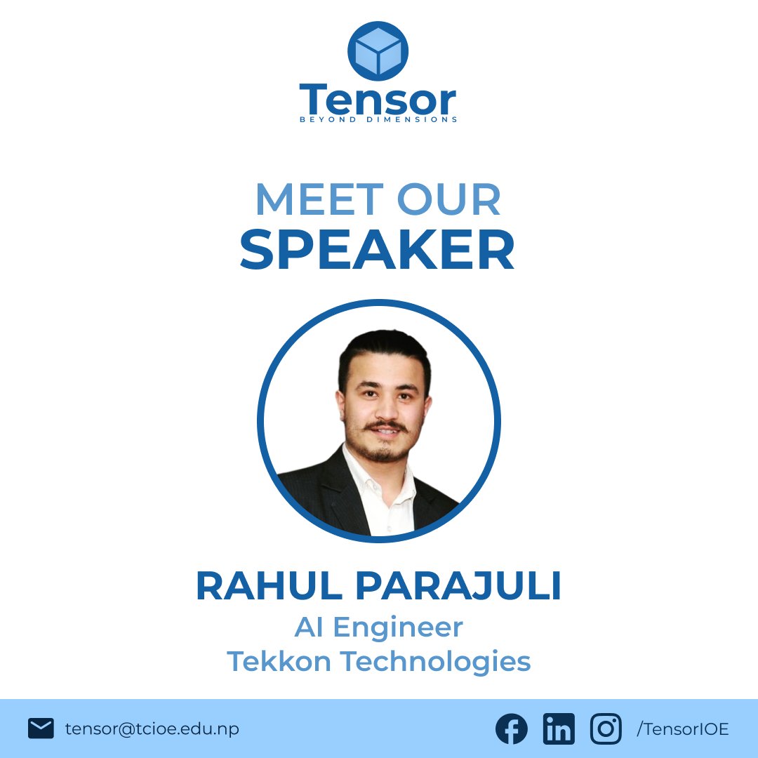 tensorioe's tweet image. Meet our speaker Er. Rahul Parajuli for Data Unleashed Ep2.
Date: Feb 8 (Wed)
Time: 6:30 to 8:30 pm
Platform: Google Meet
Link: bit.ly/data-unleashed…
Questionaries / Registration here: bit.ly/data-unleashed… 
 Episode-1: youtu.be/y5KlxC4eODQ 
#TENSOR #IOE #DataUnleashed