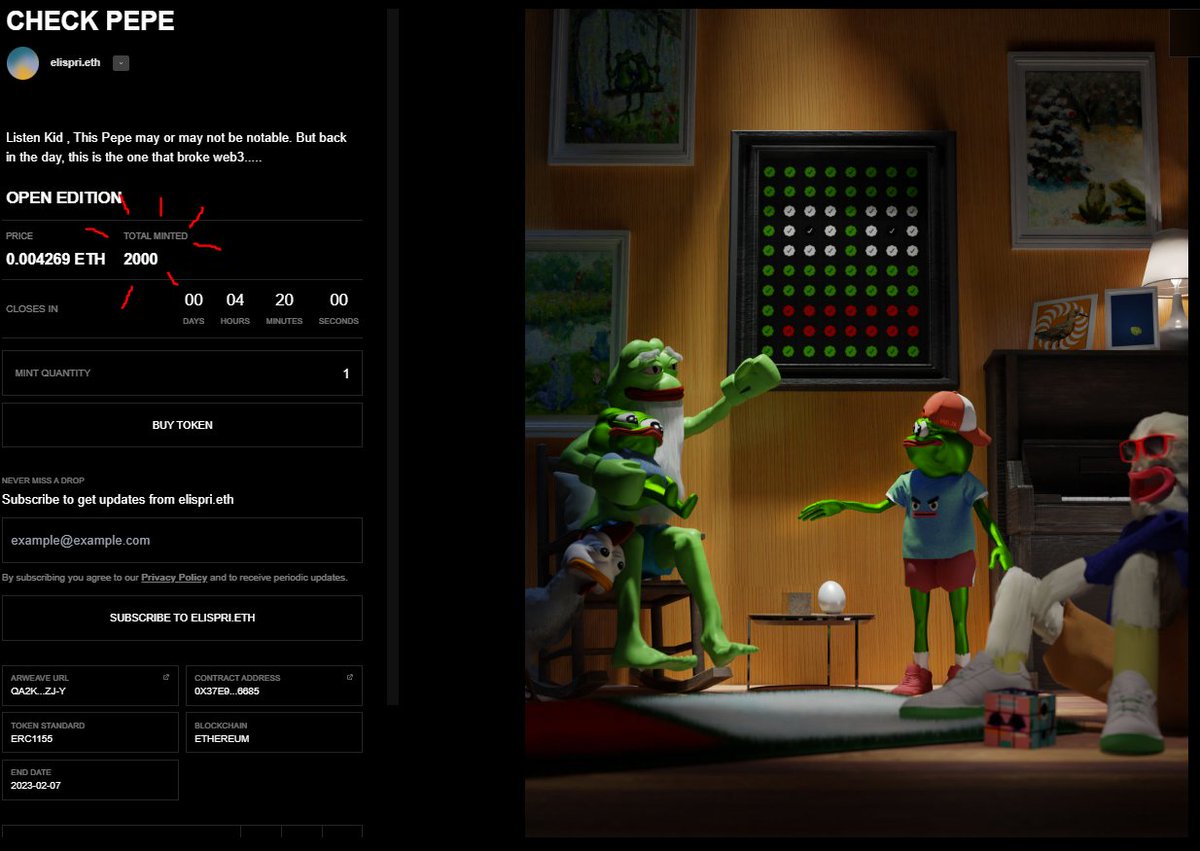 Giveaway time ! 🎉🎉

LFG !!! 🔥

Officially 2000 mints with 4h and 20 mins left !!! 
app.manifold.xyz/c/CheckPepeByE…

I am giving away 10 Checks ( Pepe Edition ) by <a href="/Vince_Van_Dough/">VincentVanDough</a> to one lucky winner !!!  🐸🐸

-Retweet my  Pinned Tweet 
-Post your eth addy