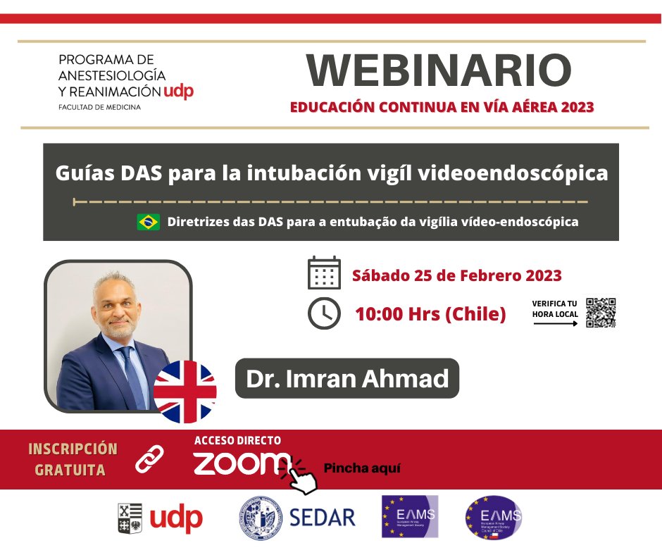 UrtubiaRicardo's tweet photo. Everybody invited to our next Airway Webinar.
Saturday, 25 February - 10 AM Chilean time.
Dr. Imran Ahmad @dr_imranahmad 
"Das Guidelines for ATI"
Simultaneous translation: Eng-Spa-Port.
Zoom link: https://t.co/wCJrtFvHca
Free access https://t.co/IPvXjGQAsz