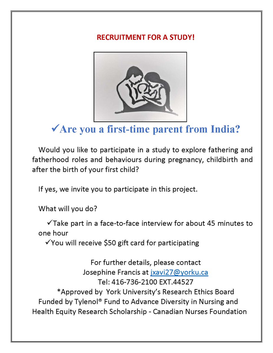 Inviting first-time parents from Indian immigrant families to share their voices on fathering and fatherhood in Canada. 
The research will support my Ph.D. studies at York University under the supervision of Dr. Nazilla Khanlou.

For more information, see the flyer.