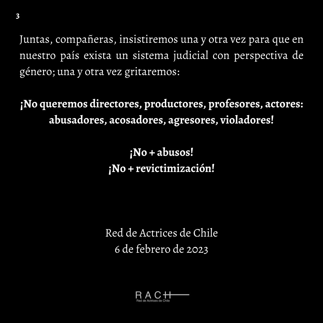 🔴COMUNICADO PÚBLICO
RED DE ACTRICES DE CHILE
Durante esta jornada, hemos conocido el fallo de la Corte Suprema ante el recurso de nulidad interpuesto por la defensa de Nicolás López, en el que se sustituyen las penas privativas de libertad por las de libertad vigilada.👇🏼👇🏼👇🏼