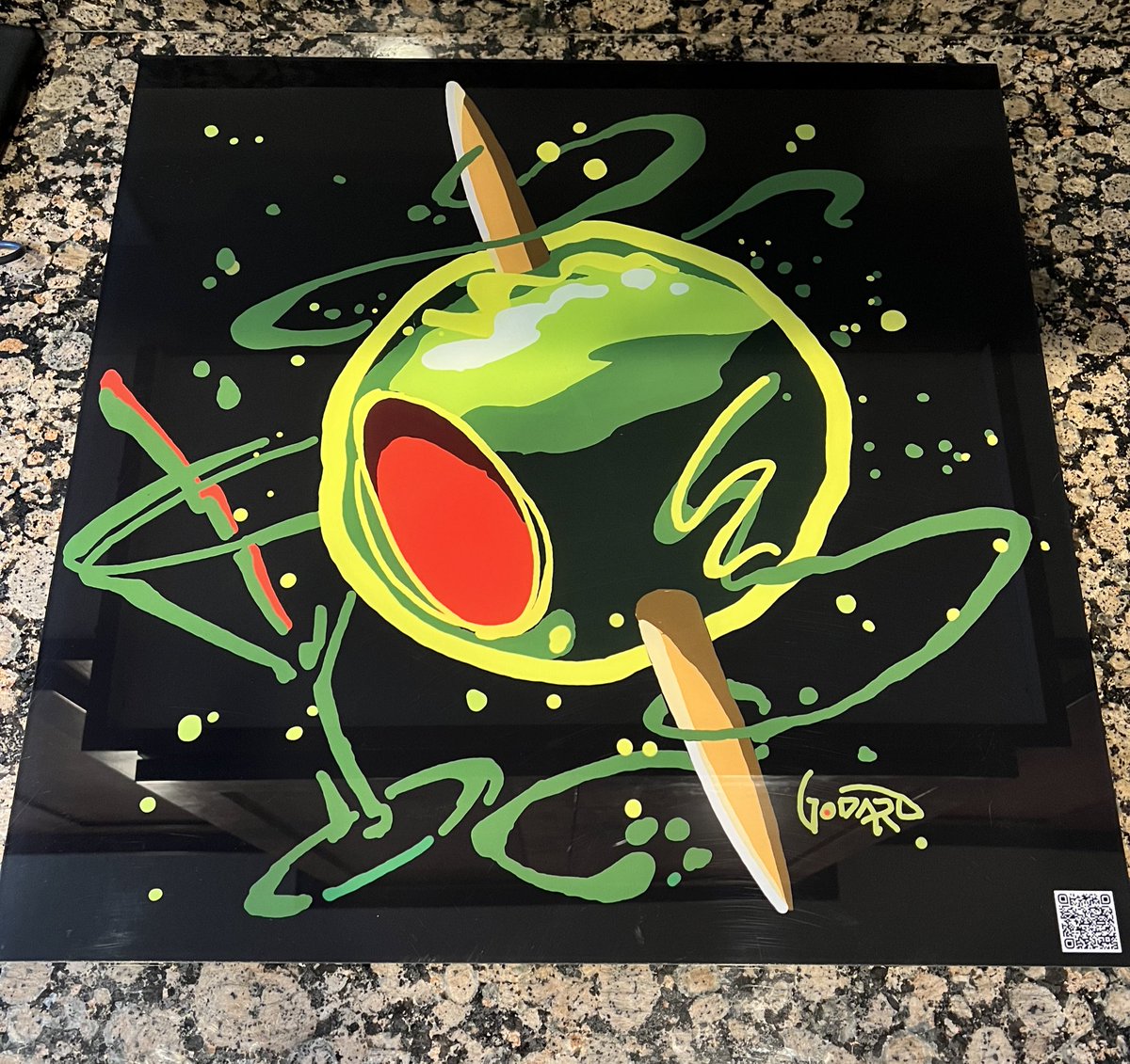 Graysonsmommmy's tweet image. Someone tell me about this awesome, signed @OfficialGodard art I found today!?! It’s a #NFT but irl! #michaelgodard #art #olive