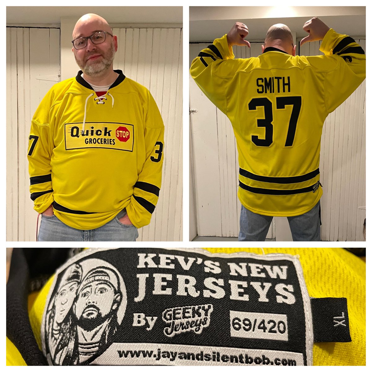Finerific's tweet image. Thanks to @GeekyJerseys and @ThatKevinSmith, my extra-special #QuickStop jersey just arrived in the mail.

In a row?