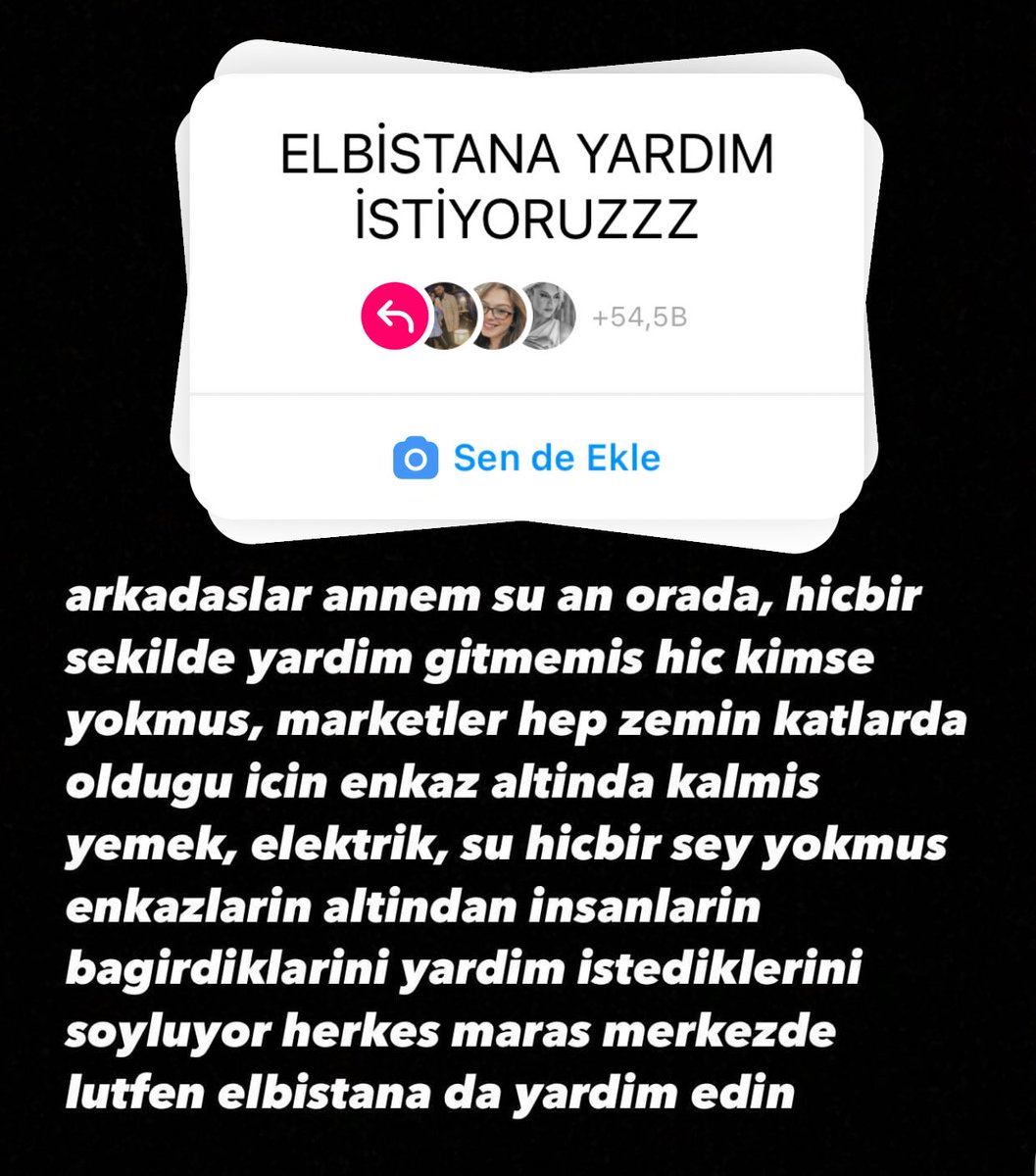 #deprem #Elbistan #AHBAP  <a href="/ahbap/">Ahbap</a>acil  @ahbap <a href="/haluklevent/">Haluk Levent ( Ahbap Ekibi )</a> <a href="/AFADBaskanlik/">AFAD</a> <a href="/DepremDairesi/">AFAD Deprem</a> ELBİSTANA SAATLERDİR YARDIM GİTMİYOR ÇOK YOĞUN KAR YAĞIŞI VAR ENKAZ ALTINDA KURTULANLAR SOĞUKTAN ÖLECEK #YARDIMEDİN