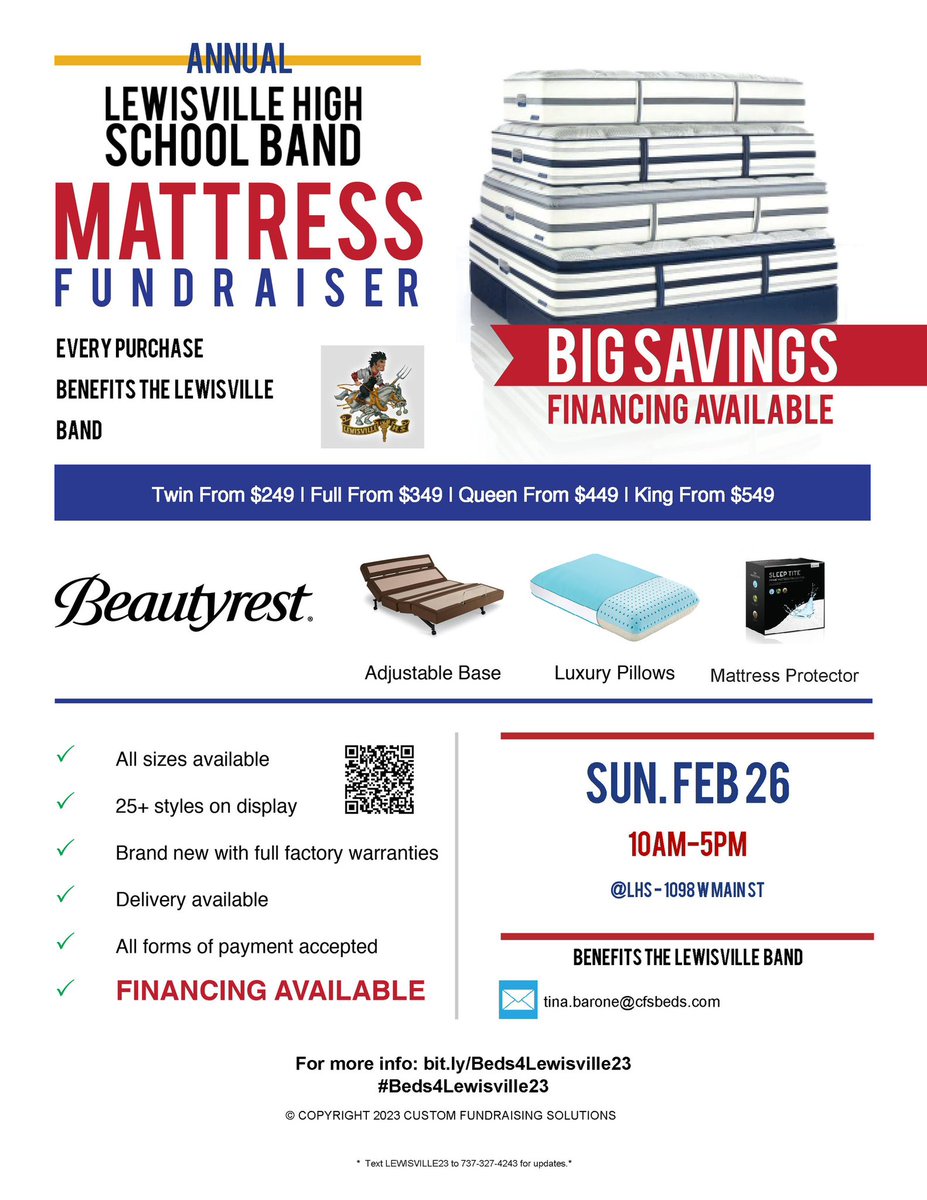 mrs_friend's tweet image. Looking for a better night’s sleep AND a chance to support students? Mark you calendars for Feb 26th to help the @LewisvilleBand!! Ian and the tuba section thank you!! #WithPride
